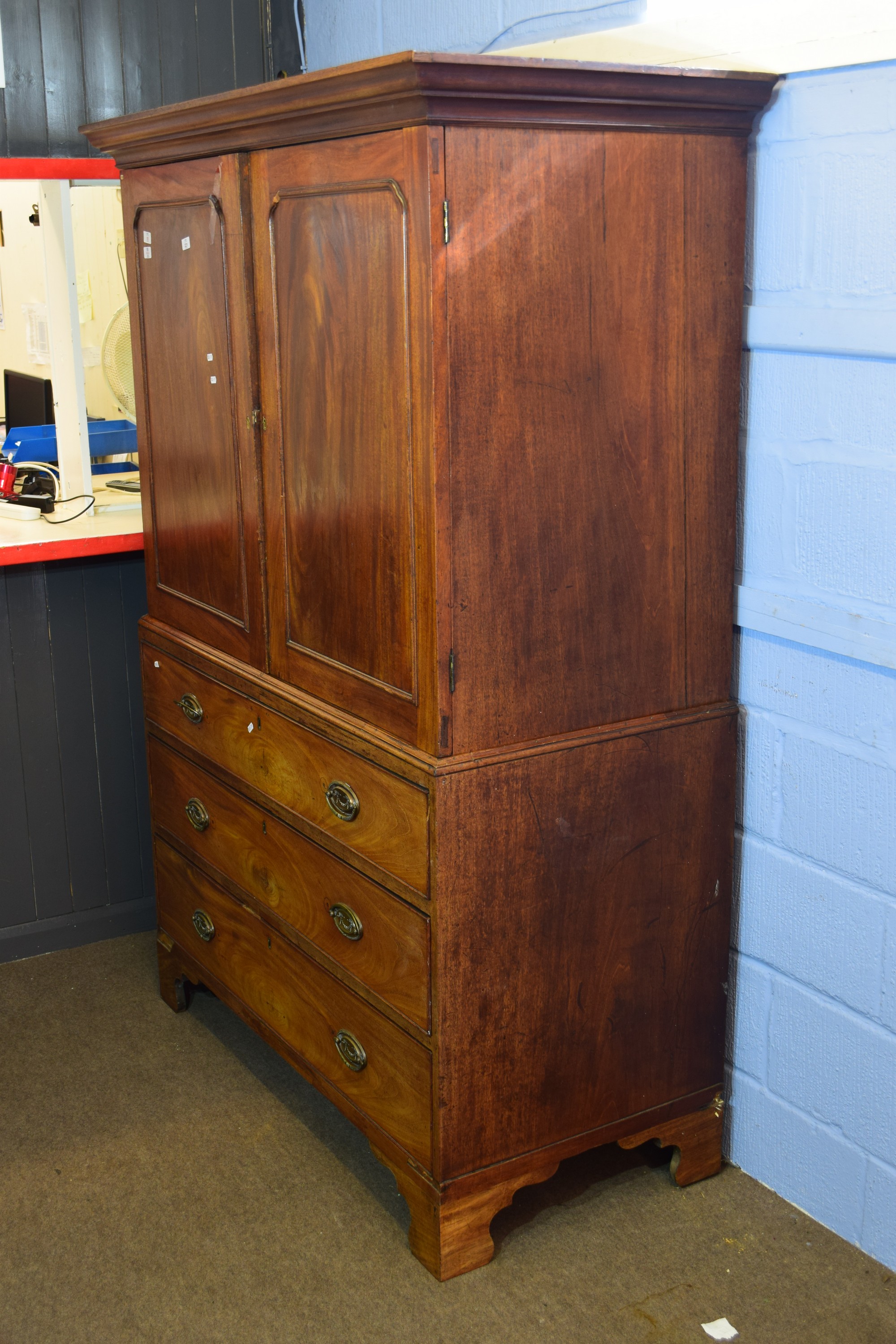 19th century mahogany converted linen press, two panel doors over three full width graduated drawers - Image 2 of 2
