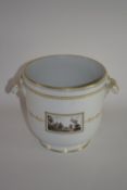 Ginori porcelain urn with sepia landscape decoration to front and verso with gilt scroll handles,