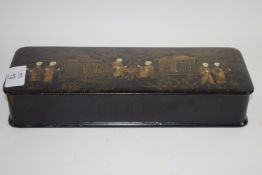 Chinese rectangular box and cover with gilt lacquer decoration to top, with Chinese figures beside a