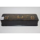 Chinese rectangular box and cover with gilt lacquer decoration to top, with Chinese figures beside a