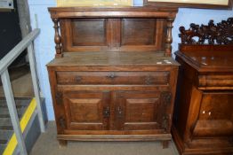 18th century and later small oak side cabinet, (constructed from period timbers), plain pediment