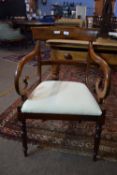 19th century mahogany elbow chair with turned legs, upholstered, width approx 53cm