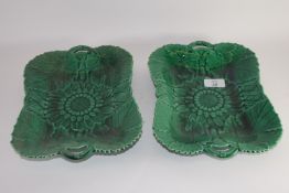 Two 19th century Wedgwood green pottery dishes with floral leaf design in relief,