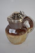 Mid-19th century pottery jug with greyhound handle, silver mounts and cover, assay marks for