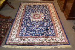 Rich blue ground full pile Kashmir Charbass medallion design 240cm x 156cm