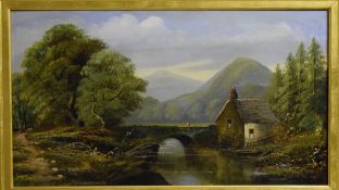 English School (19th century), River landscape with bridge and cottage, oil on canvas, 44 x 80cm