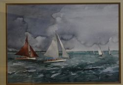 V Wildeing, signed and dated 94 lower right, watercolour, Boat sailing of coast, 33 x 47cm