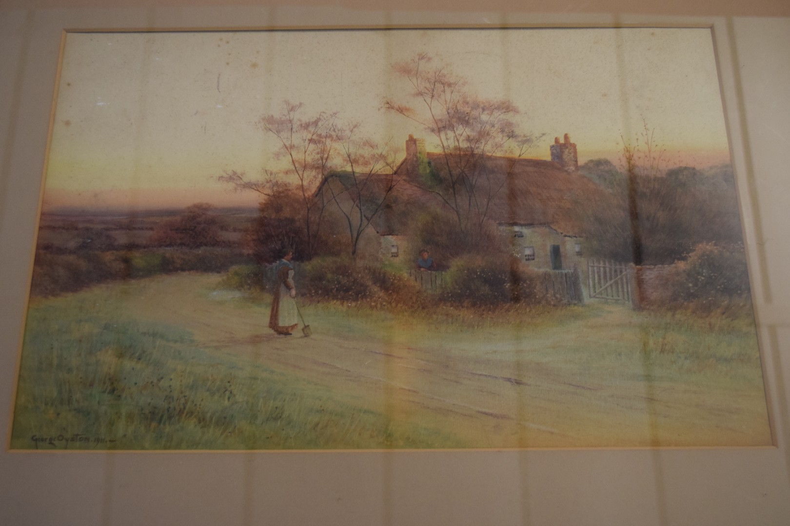 George Oyston, signed Watercolour, Cottage scene with figures passing - Image 3 of 3