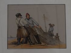 East Anglian School, Watercolour, Fisherman hauling nets