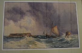 English School, Watercolour, Seascape, Shipping off a fortified island