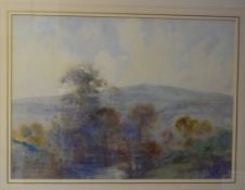 H Carter, signed, watercolour, Misty river landscape, 14 x 19ins