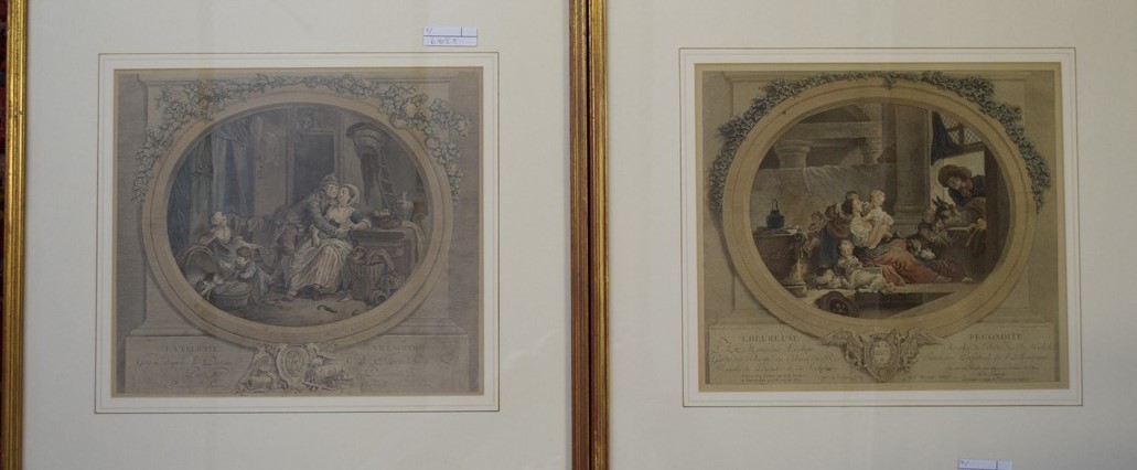 Framed pair of 18th/19th century French prints, L'Heureuse Fecondite and La Felicite Villageoise,