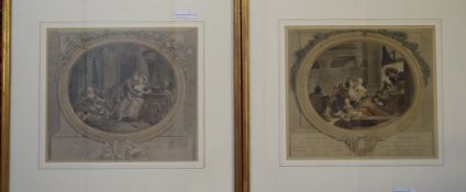 Framed pair of 18th/19th century French prints, L'Heureuse Fecondite and La Felicite Villageoise,