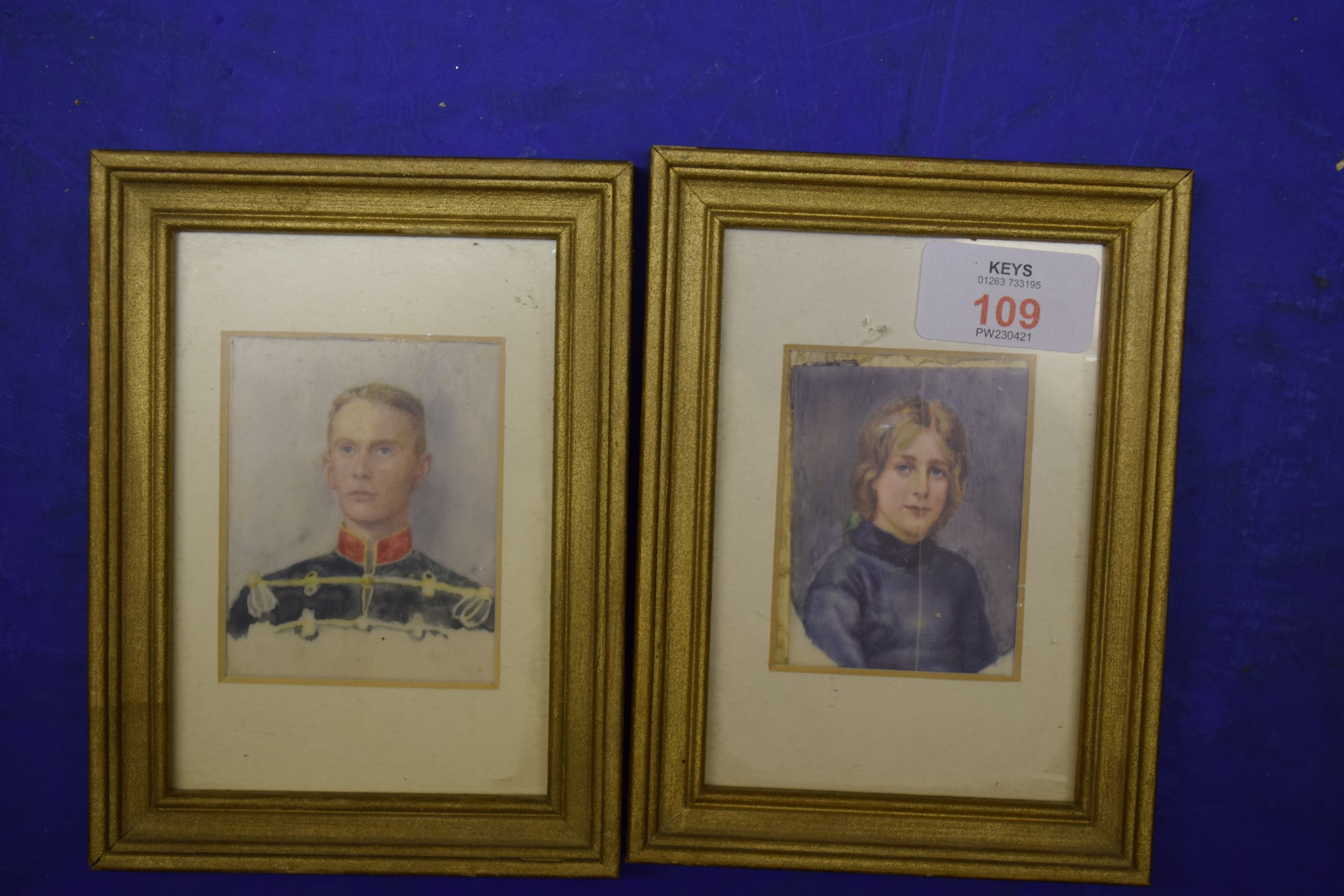 Framed pair of watercolour portrait miniatures depicting a gentleman in uniform and a lady, each