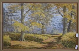 Mary Slater, dated 82, oastel, "Autumn sun in Blickling Woods". Provenance: ??? 29 x 47cm