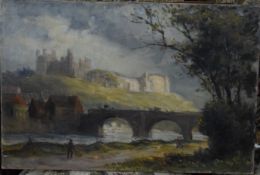 English School, Oil, River & Castle at Richmond, Yorkshire, unframed