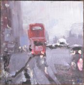 Indistinctly signed Oil on board, London Bus, 21 x 21cm