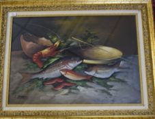 oil on canvas, Still Life of fish and langoustines, bearing signature, LL Siegel (?), 48 x 69cm