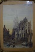 W Searle, signed LL dated 1880, watercolour, Caen Cathedral, Normandy, 45 x 30cm in ornate gilt