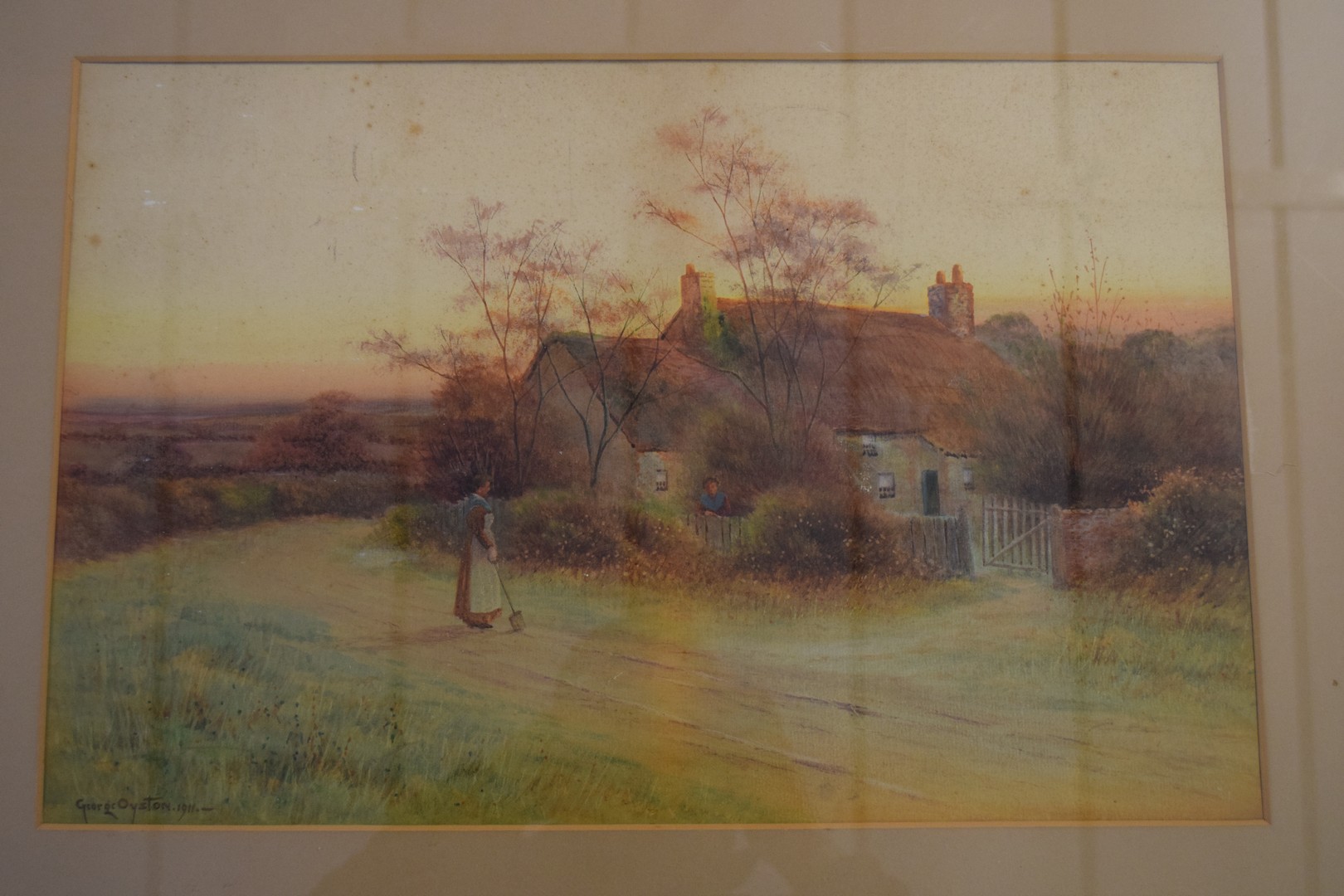 George Oyston, signed Watercolour, Cottage scene with figures passing - Image 2 of 3