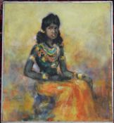 Louis Moneau (?), oil on board, Girl in Tahitian dress, circa 1940s/50s 51 x 46cm