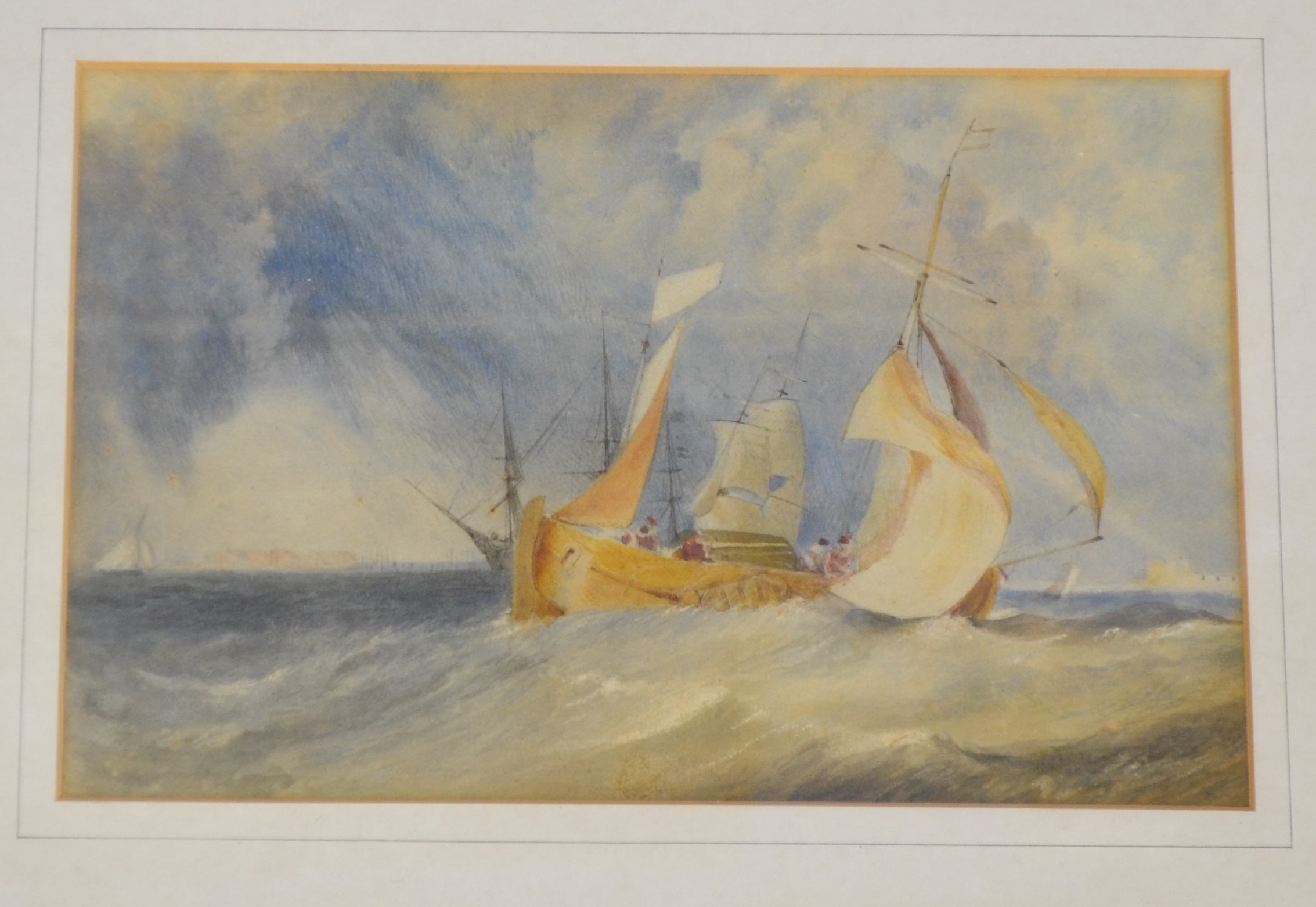 Unsigned watercolour, sailing on a stormy sea, 16 x 23cm