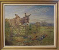 John G Mace (contemporary), Country landscape with donkeys and chickens by a gate, oil on board,