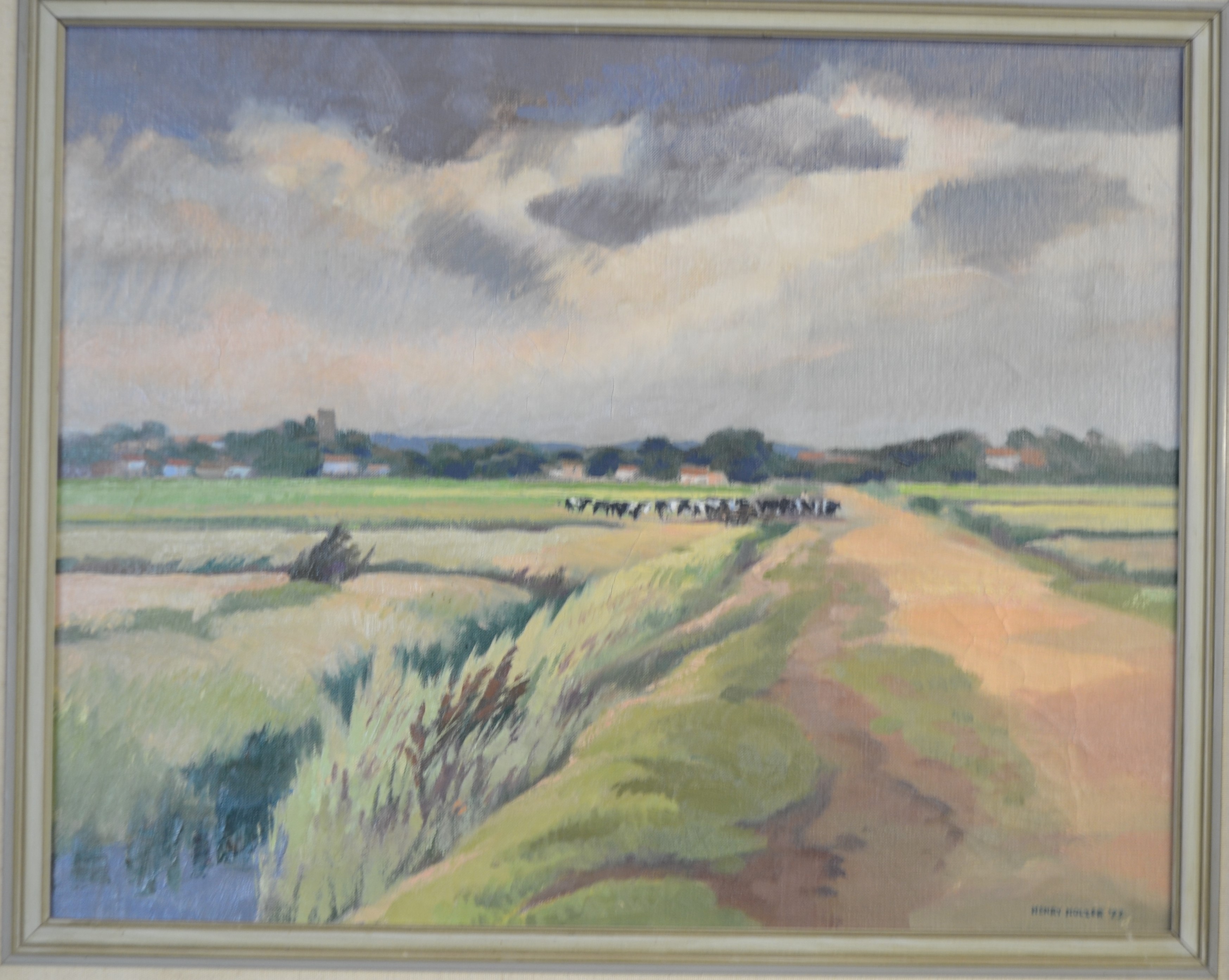 Henry Holzer, signed and dated '93, Oil on canvas, Cattle Grazing, 38 x 49cm