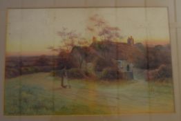 George Oyston, signed Watercolour, Cottage scene with figures passing