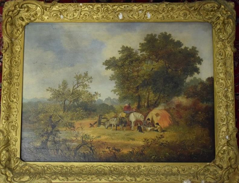 19th century School, oil on panel, Travellers in landscape, 44 x 59cm