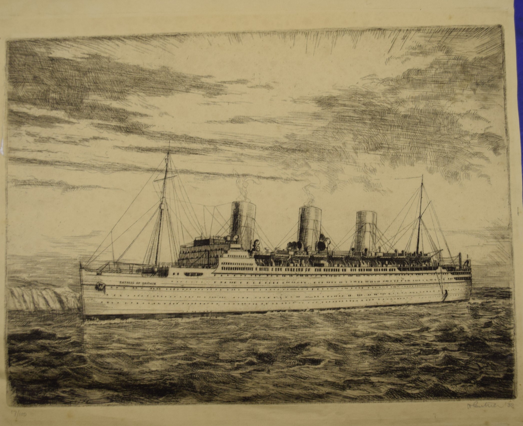 Herbert Cutner (1881-1969) "Empress of Britain", black and white etching, signed, dated '32 and