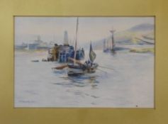 Watercolour, signed E R Searby, dated 1921, watercolour, Fishing boats leaving harbour, 15.5 x 24cm