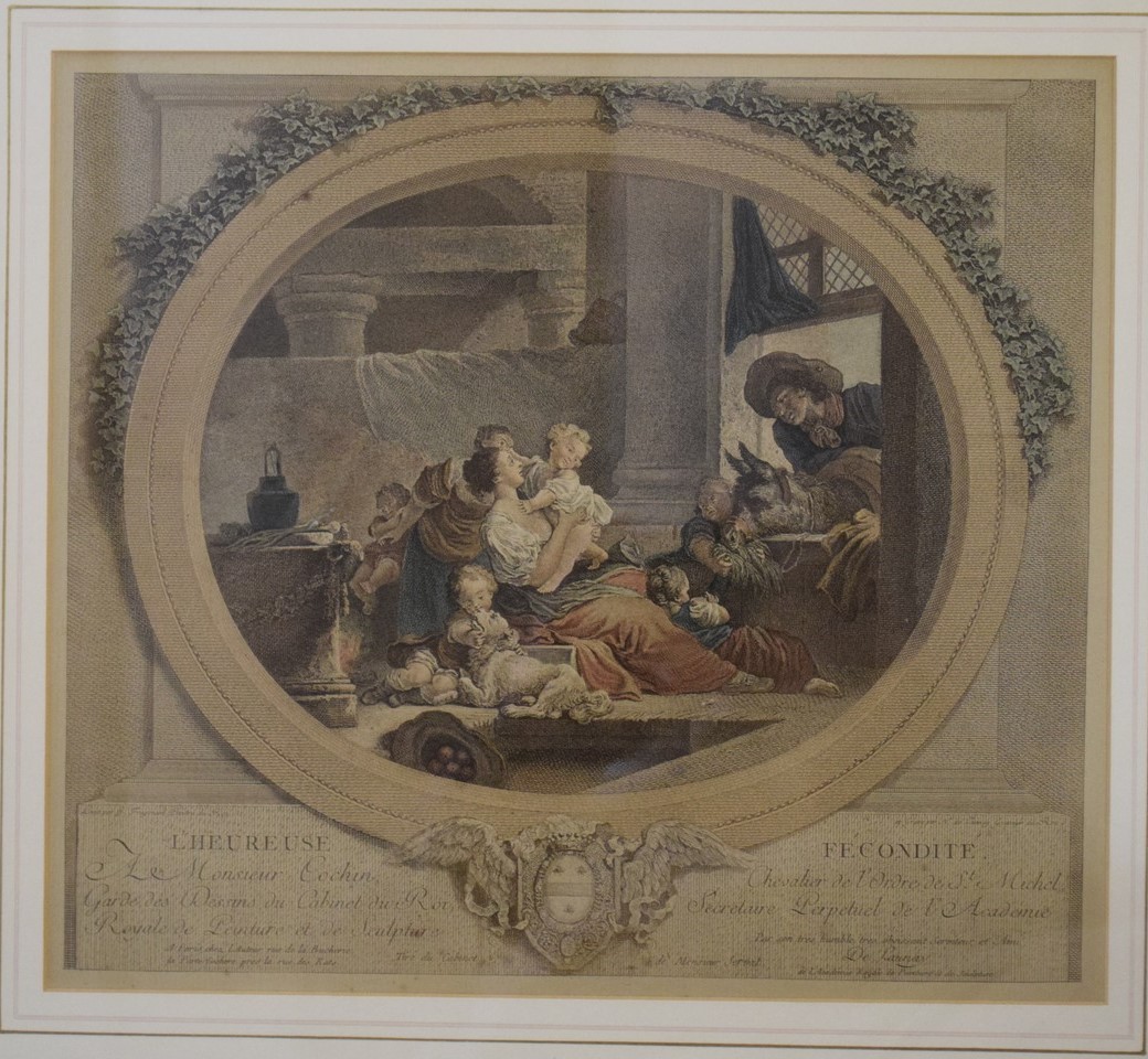 Framed pair of 18th/19th century French prints, L'Heureuse Fecondite and La Felicite Villageoise, - Image 2 of 3