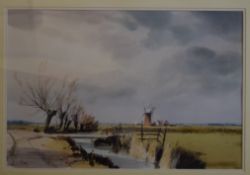Mike Wilson, watercolour, Norfolk marsh scene with windmill, 37 x 55cm. Provenance: Furneaux