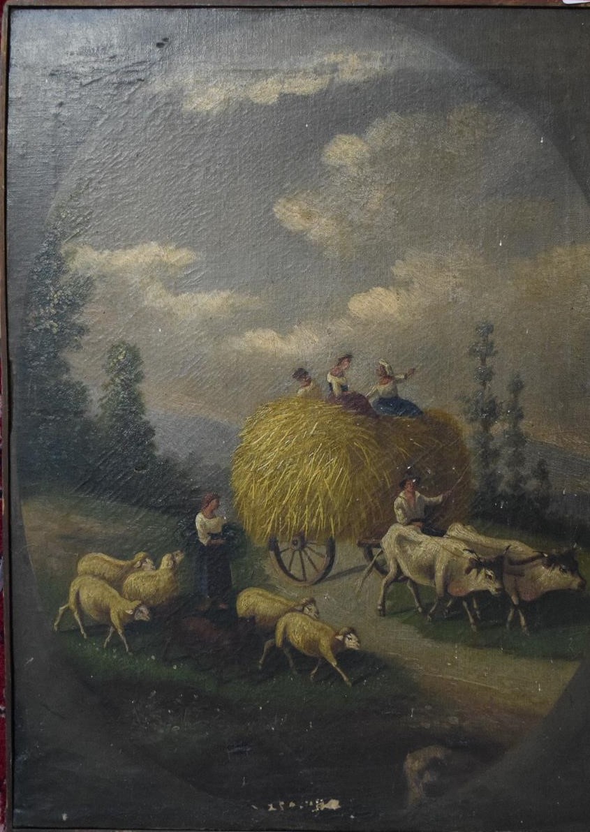 19th century English School, oil on canvas, Haycart and figures, 53 x 40cm