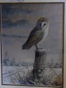 Mark Chester, "The Lookout post - Barn owl", acrylic, signed lower right, 31 x 23cm