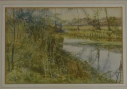 Phil Osment, watercolour, River scene, 18 x 27cm