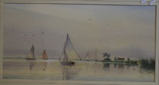 Bearman, signed lower left, watercolour, Sailing on the Broads, 29 x 58cm