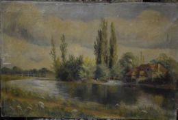 JW monogram and dated 1898, Oil, River Landscape with Watermill