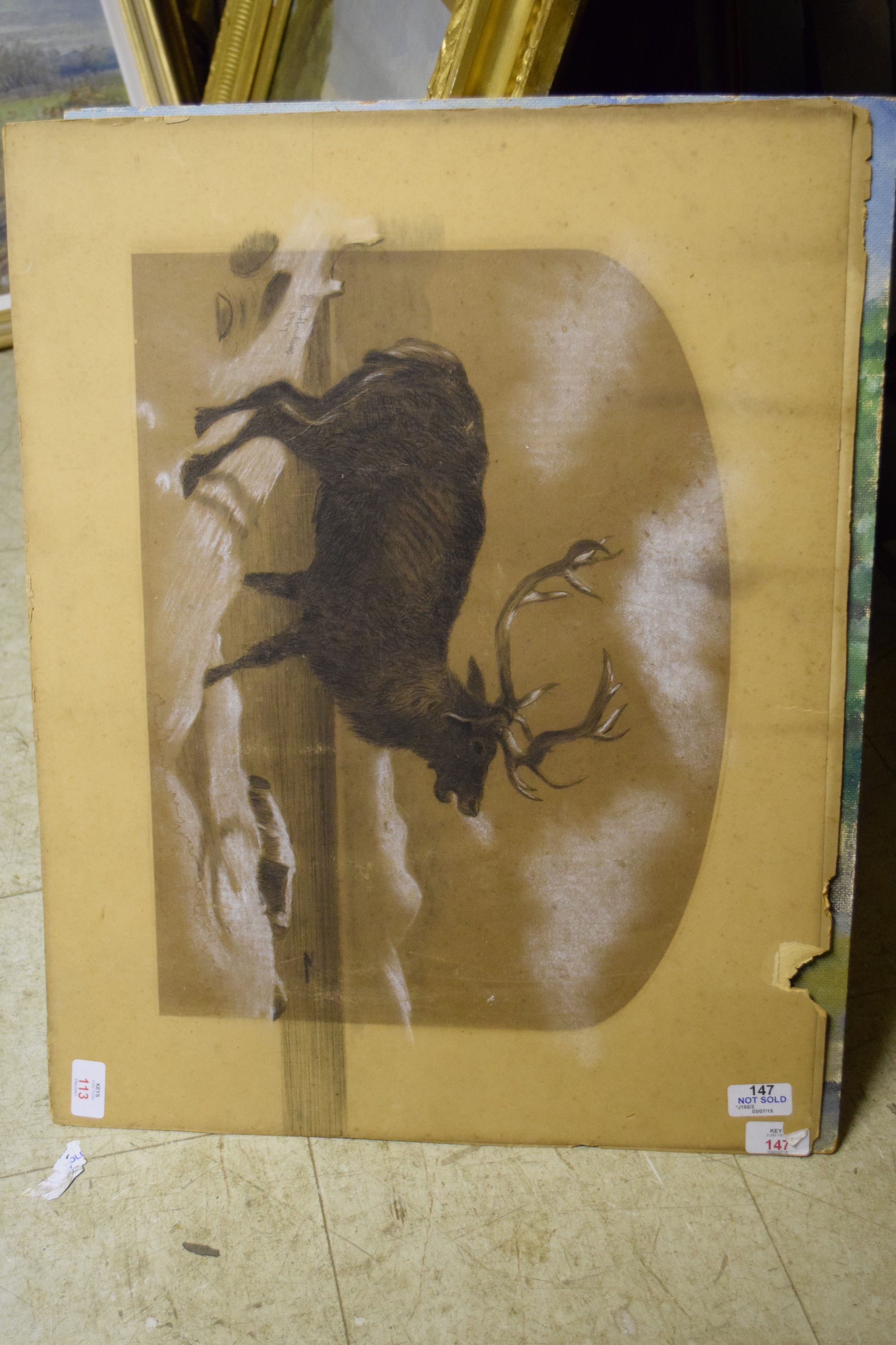 E M HAWKINS, SIGNED AND DATED 1887 LOWER LEFT, CHARCOAL DRAWING, Stag in River Landscape, 14 x