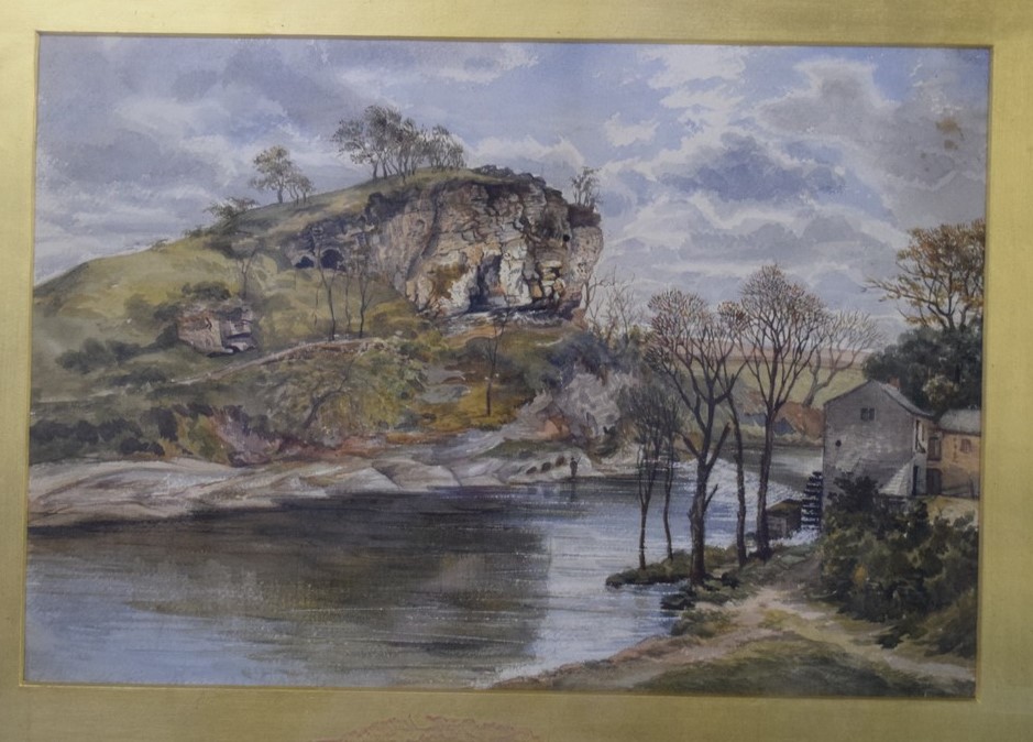 19th century British School watercolour, Watermill in a rocky landscape, approx 34 x 50cm