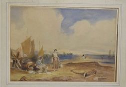 Watercolour (unsigned), Beach scene with fisher folk, 18 x 26cm