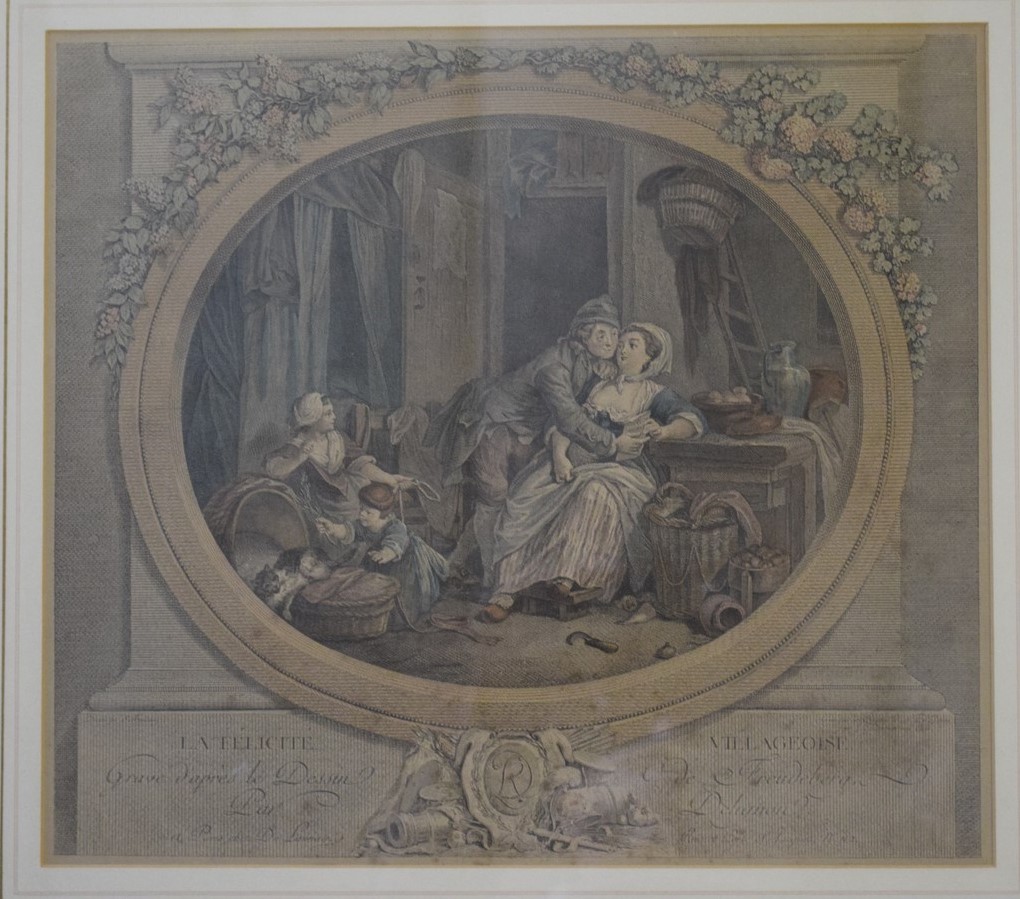 Framed pair of 18th/19th century French prints, L'Heureuse Fecondite and La Felicite Villageoise, - Image 3 of 3