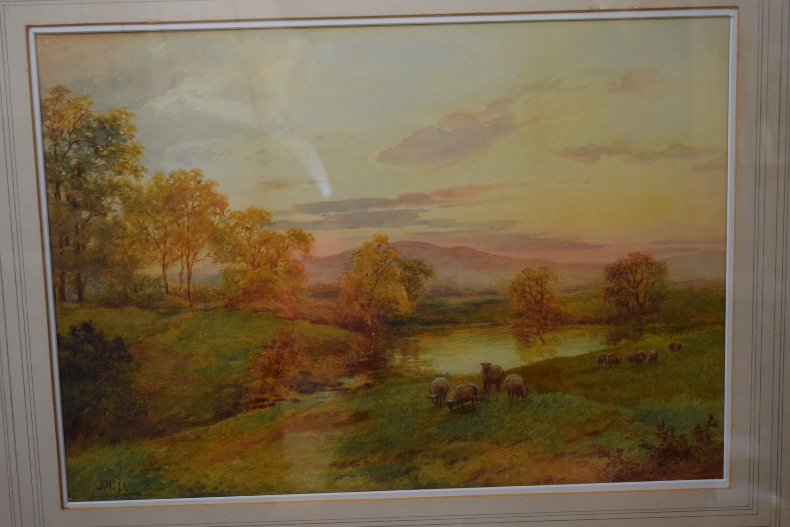 J. Hill, signed Watercolour, Landscape with sheep - Image 2 of 2