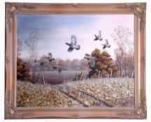 Mark Chester, contemporary, oil on canvas, "Autumn covey - English partridges", 38 x 49cm