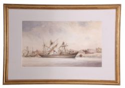 H E Neave, circa 1885,watercolour, Norwegian ship The Systor off the Quay, Yarmouth, damaged in