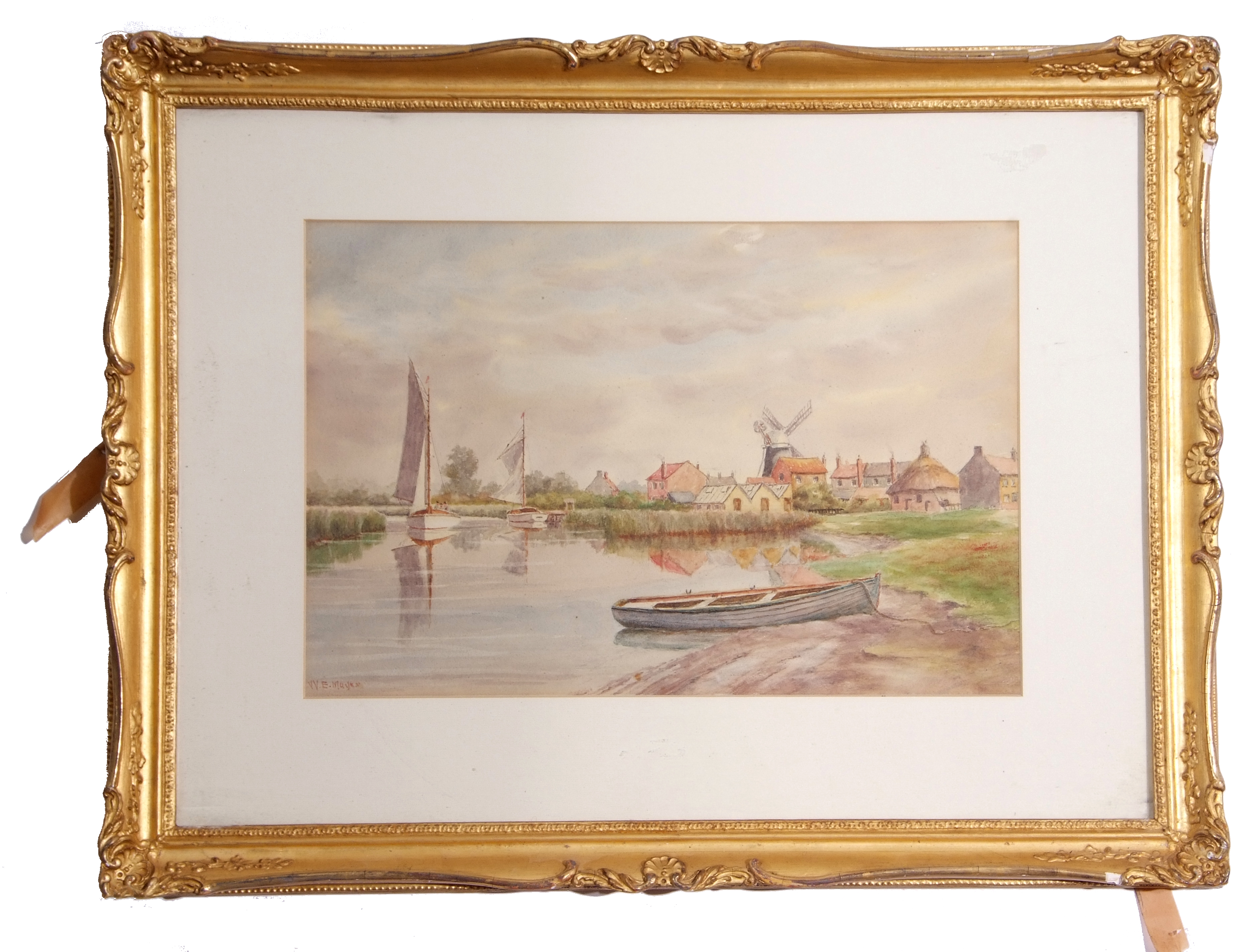William Edward Mayes (1861-1952), Broadland scene with mill, 27 x 42cm