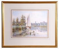 Colin W Burns, contemporary, watercolour, "Sailing off Malthouse Broad, Ranworth", 22 x 30cm