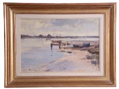 AR Ian Houston (1934-), oil on board, "Breydon Water", artist's label verso, 27 x 39cm