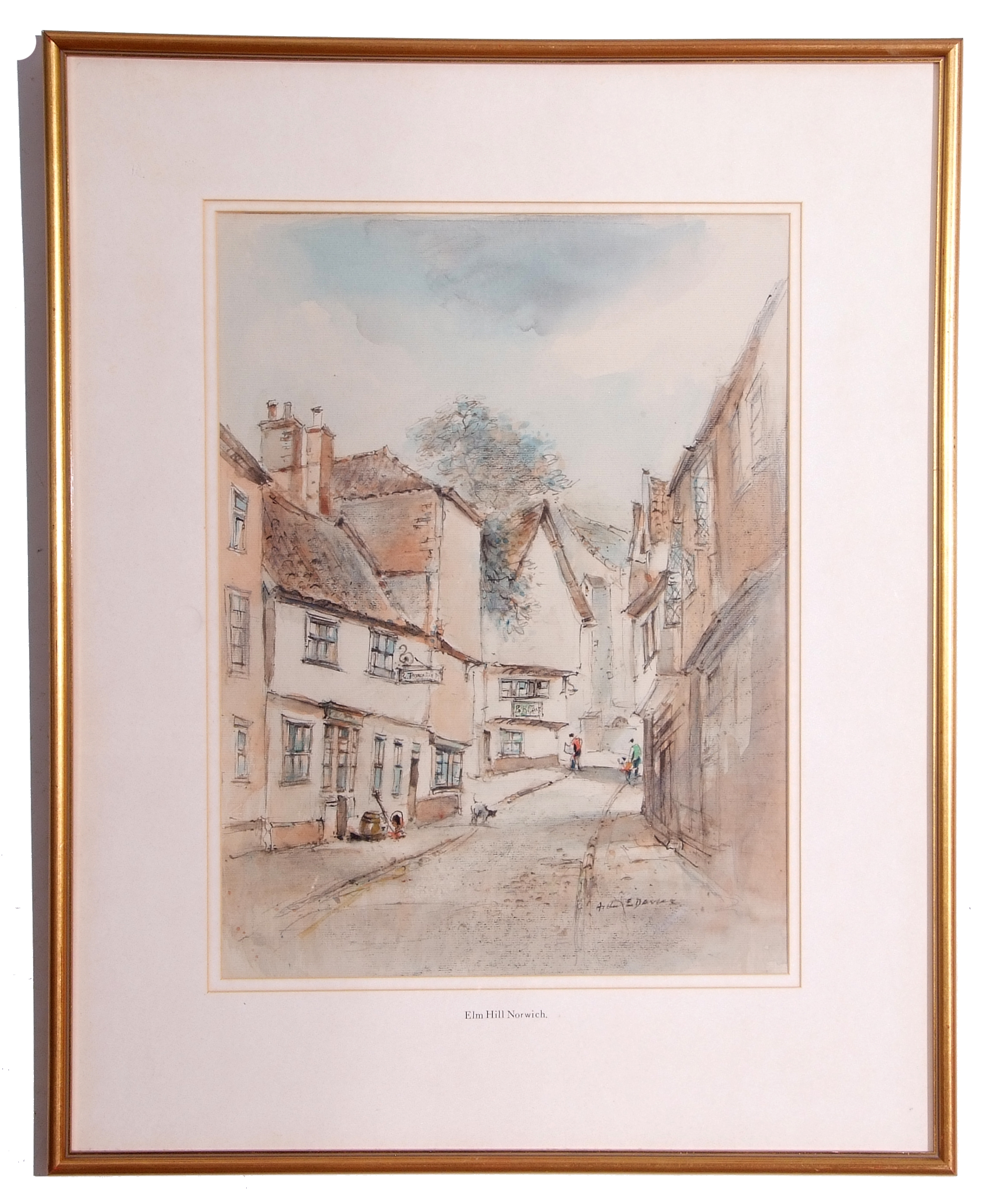 AR Arthur Edward Davies, RBA, RCA (1893-1988), "Elm Hill, Norwich", pencil and watercolour, signed